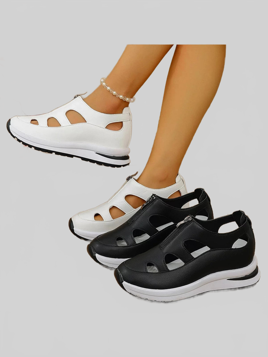 Cutout Zipper Wedge Sneakers Trendsi