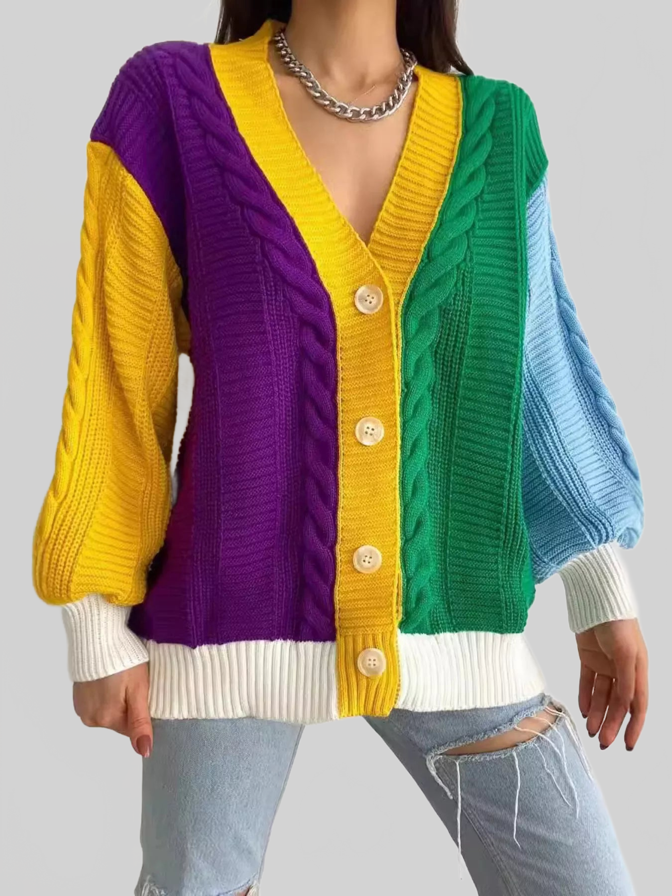 Color Block Button Down Cable-Knit Cardigan Sweater NicholesGifts