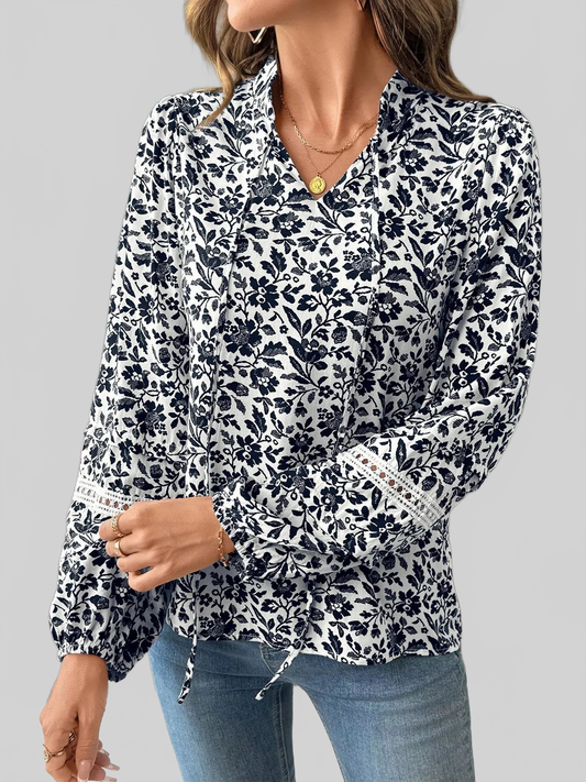 Printed Tie Neck Long Sleeve Blouse NicholesGifts