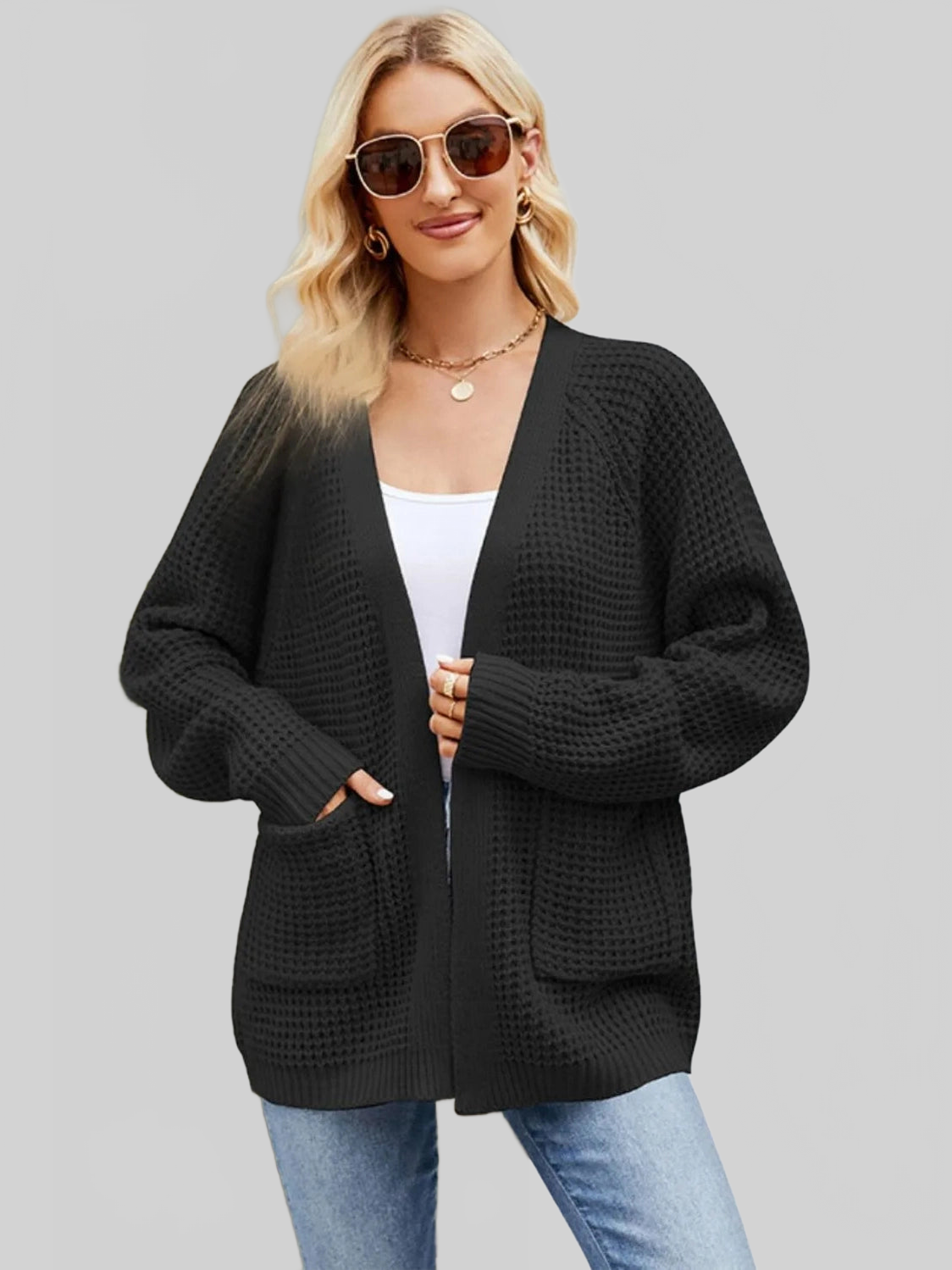 Women Open Front Raglan Sleeve Pocketed Cardigan nicholesgifts