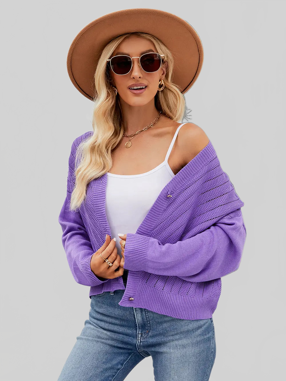 Eyelet Button Front Long Sleeve Cardigan NicholesGifts