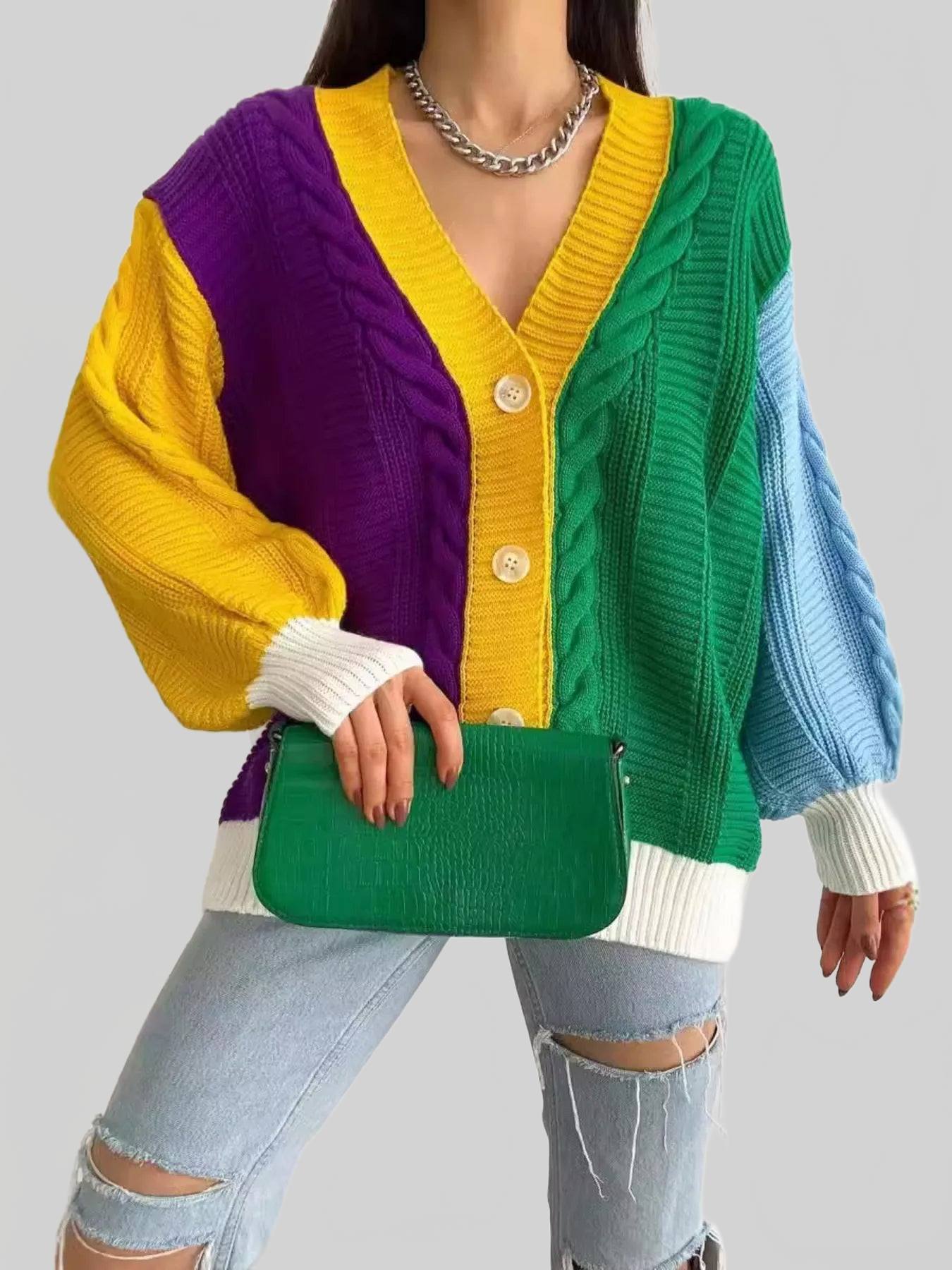 Color Block Button Down Cable-Knit Cardigan Sweater NicholesGifts
