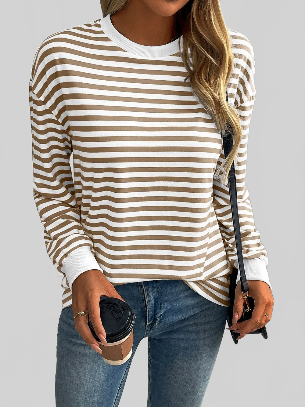 Women Ivy Lane Striped Round Neck Long Sleeve Sweatshirt nicholesgifts