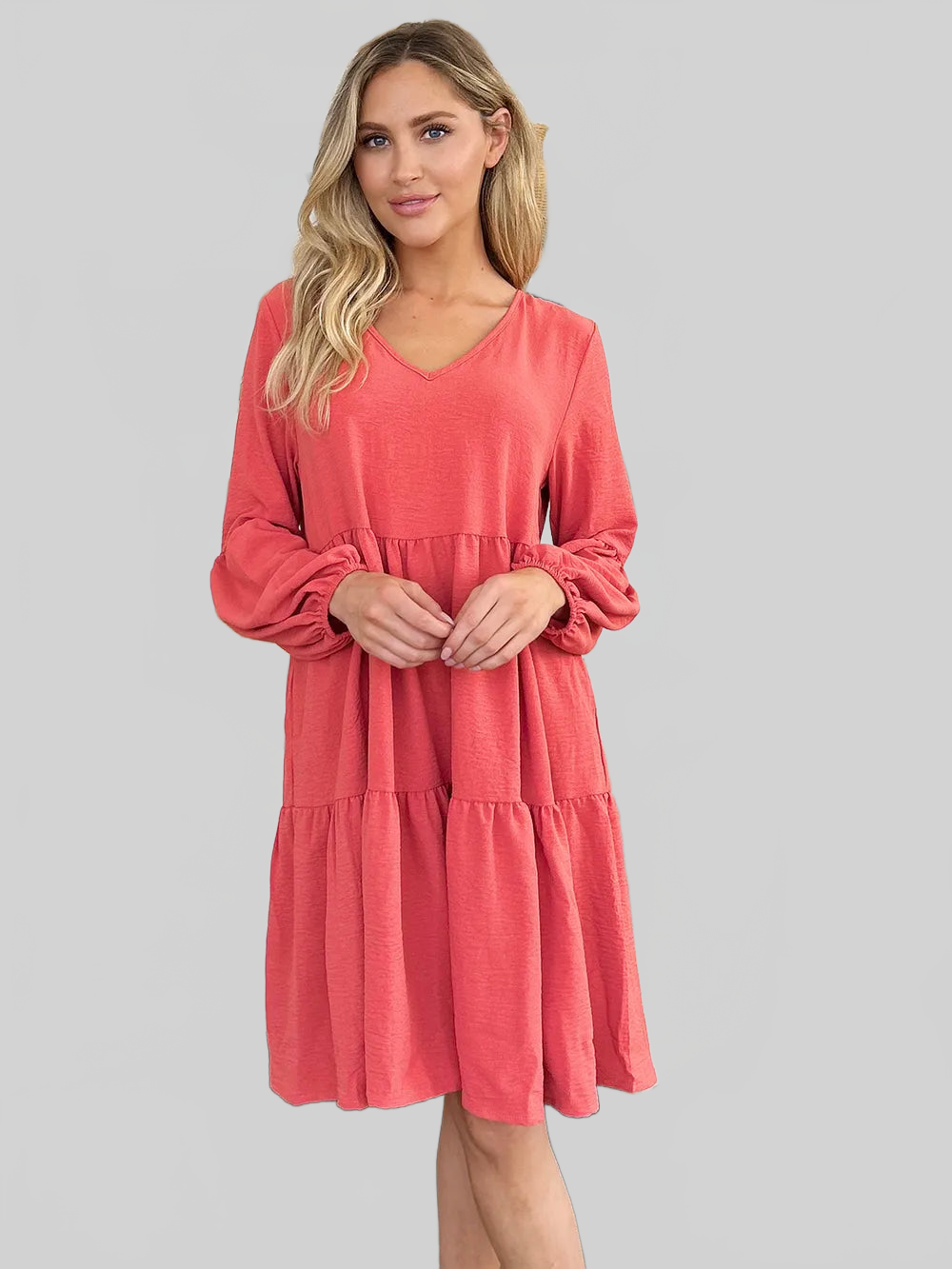 Double Take Full Size V-Neck Balloon Sleeve Tiered Dress with Pockets nicholesgifts