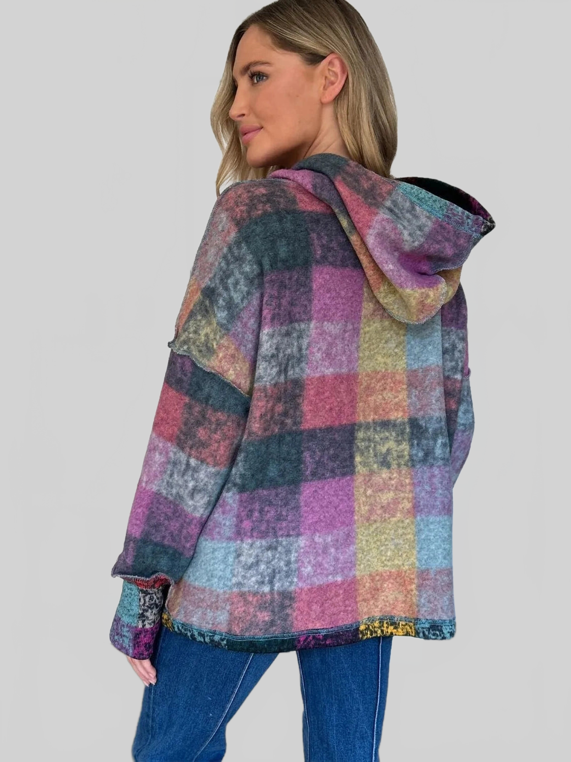 Double Take Full Size Plaid Dropped Shoulder Fleece Hoodie NicholesGifts