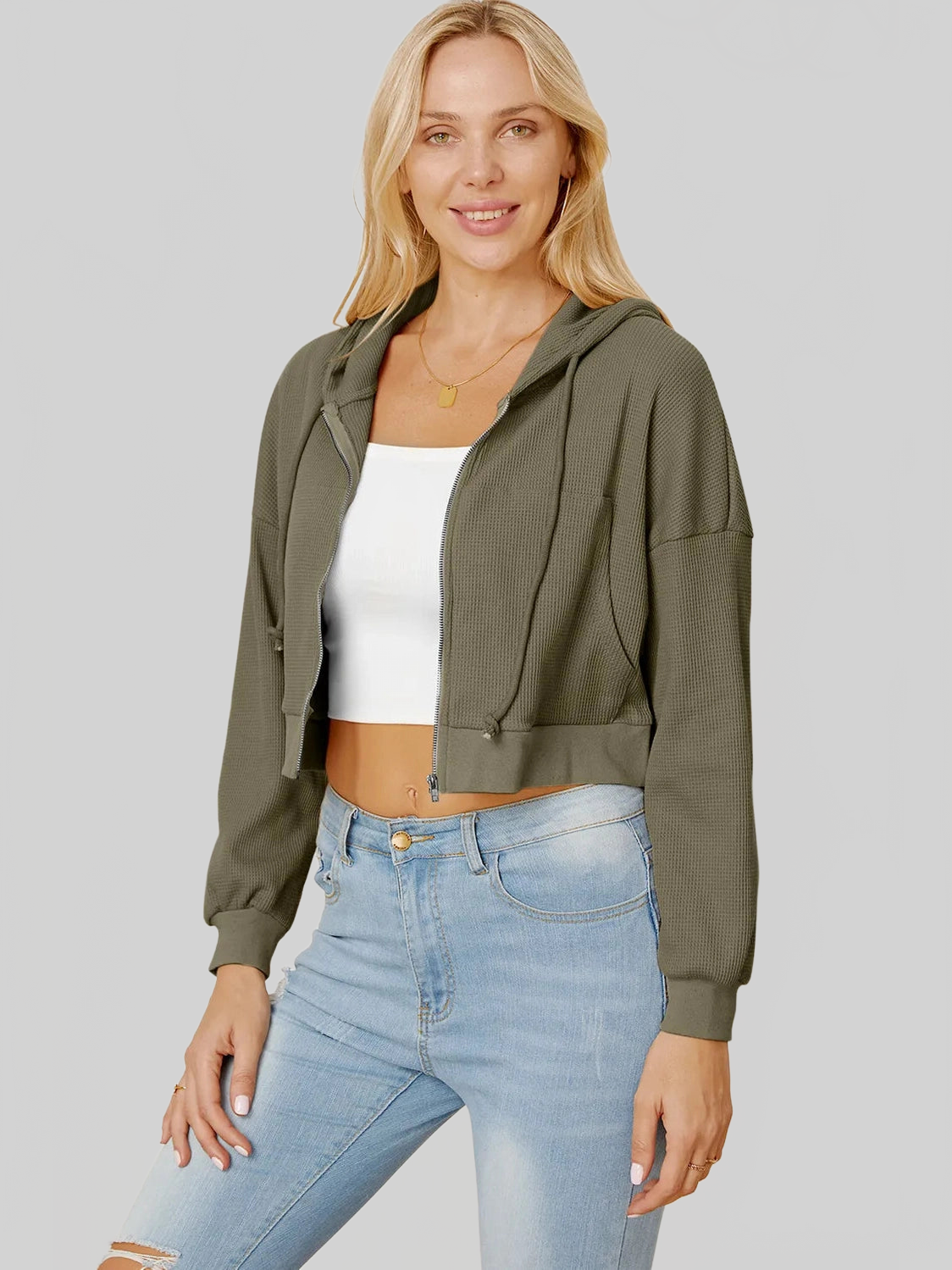 Waffle-Knit Drawstring Zip Up Hoodie NicholesGifts