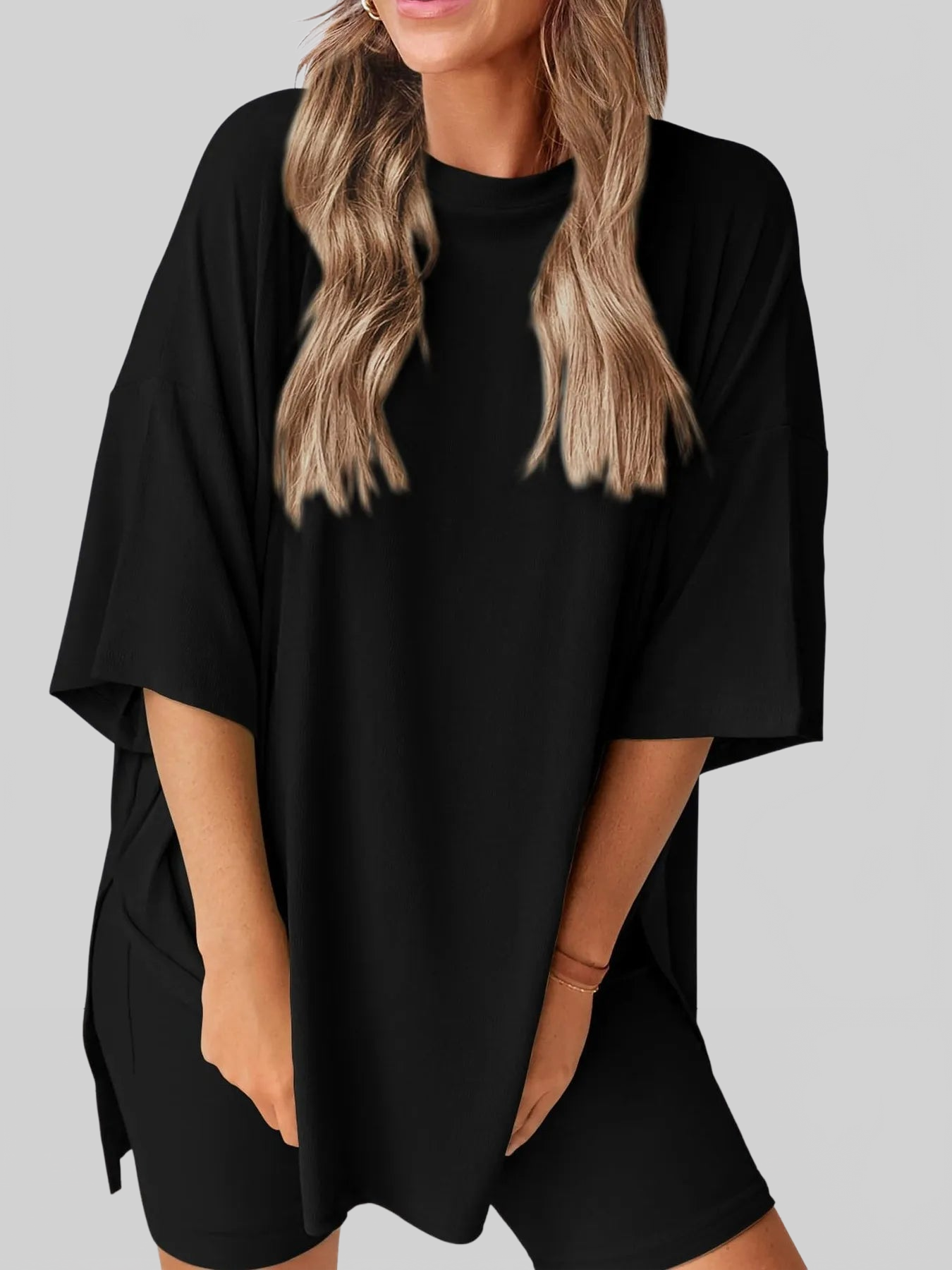 Full Size Oversized Slit Round Neck Top and Shorts Lounge Set Plus Size nicholesgifts