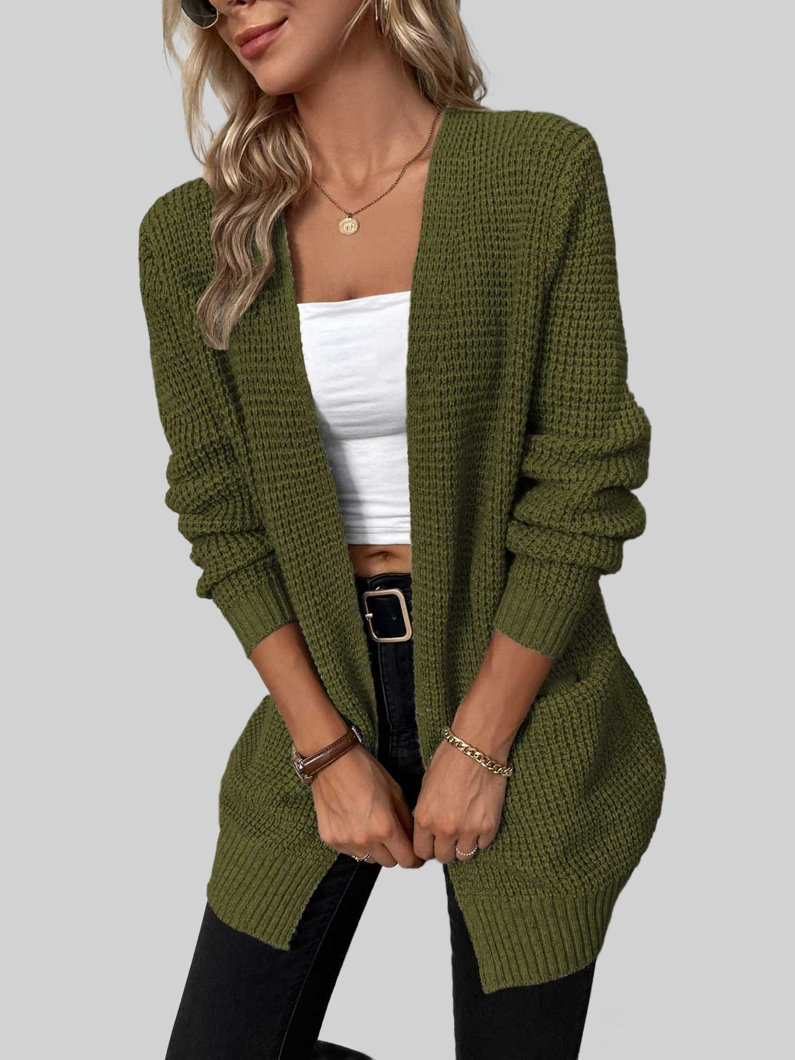 Rib-Knit Open Front Pocketed Cardigan nicholesgifts