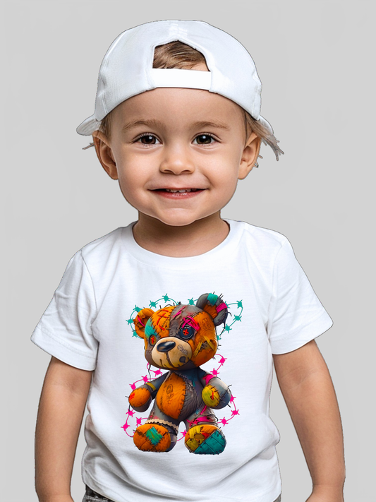 Toddler Boys Orange Multicolored Teddy Bear Crewneck Short Sleeve T-Shirt nicholesgifts