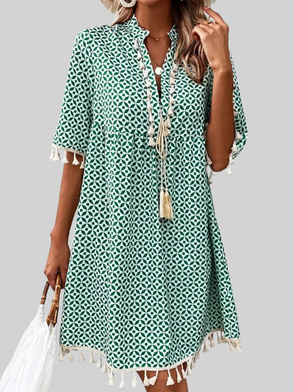 Tassel Printed Notched Half Sleeve Mini Dress nicholesgifts