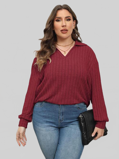 Plus Size Women Ribbed Collared Neck Long Sleeve Blouse NicholesGifts