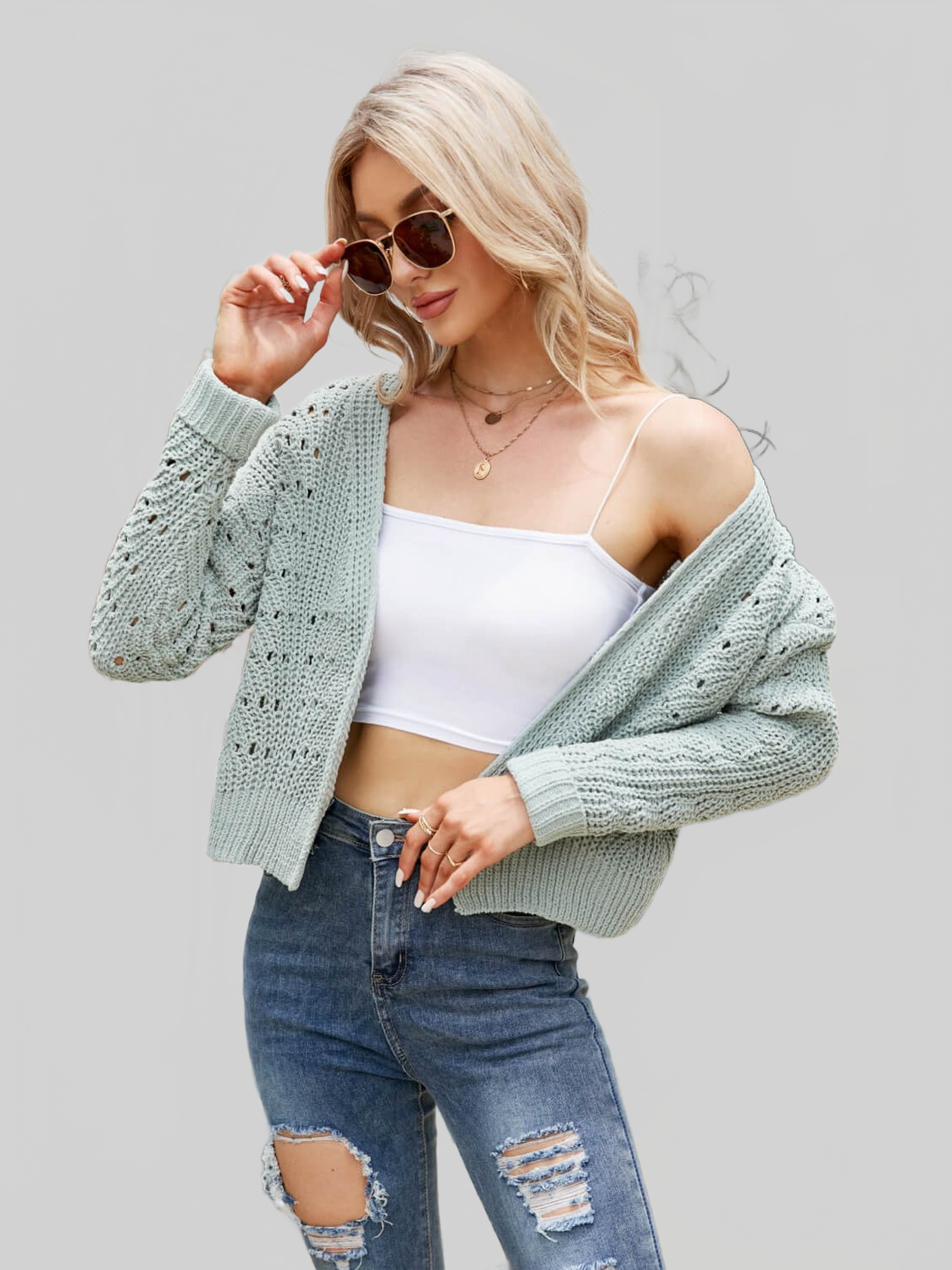 Open Front Cuffed Cropped Cardigan nicholesgifts