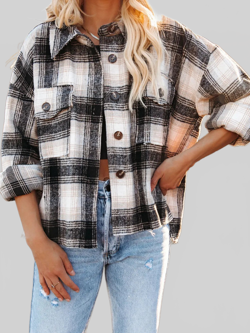 Pocketed Plaid Button Down Long Sleeve Shacket nicholesgifts