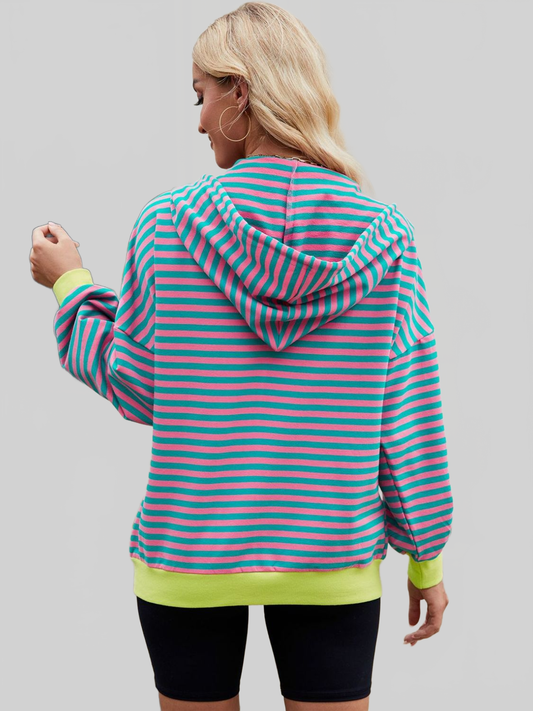 Women Drawstring Striped Zip Up Long Sleeve Hoodie nicholesgifts