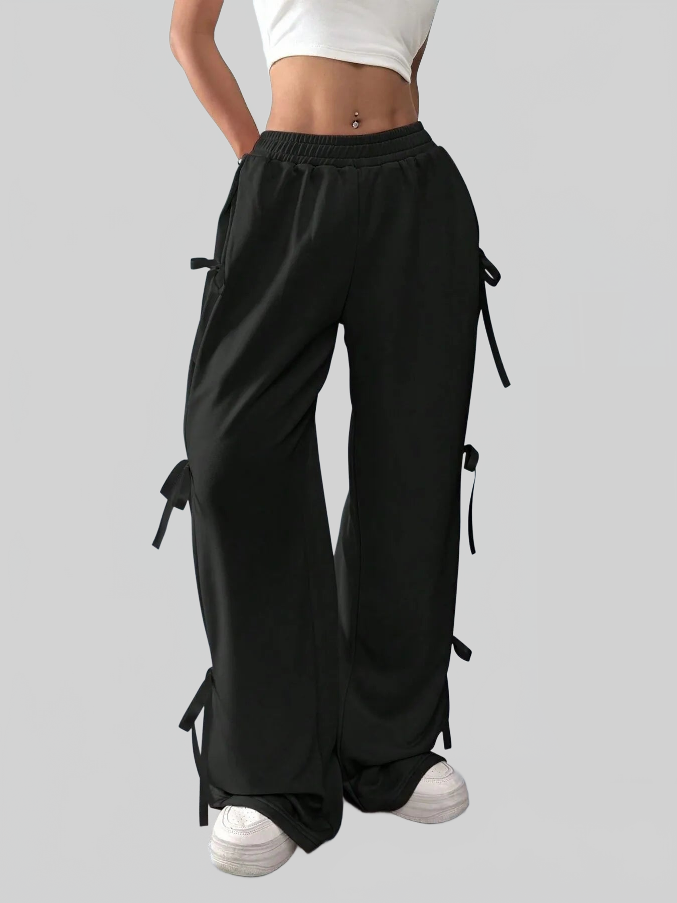 Women Cargo Wide Leg Pants with Side Tie Details nicholesgifts