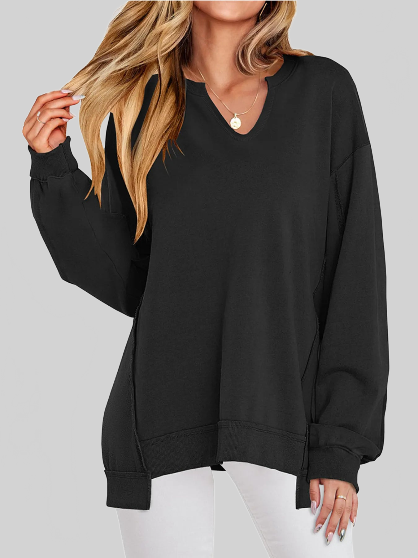 Women Notched Long Sleeve Oversized Sweatshirt nicholesgifts