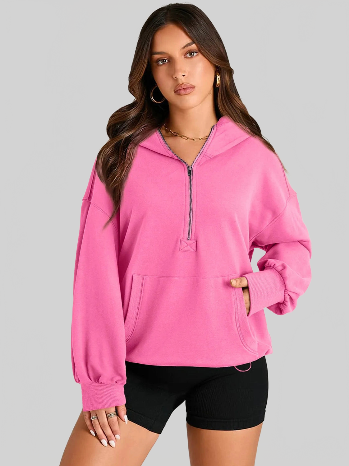 Pocketed Half Zip Long Sleeve Hoodie NicholesGifts