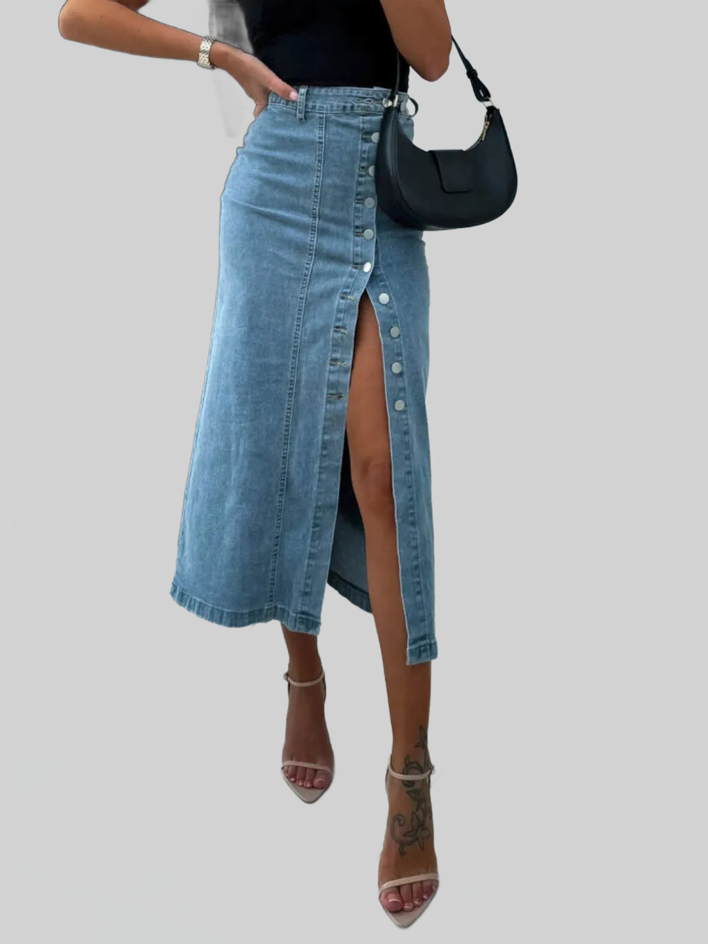 Front Button Slit Midi Denim Skirt nicholesgifts
