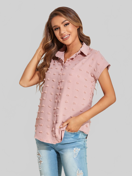 Women Swiss Dot Button Up Cap Sleeve Shirt nicholesgifts