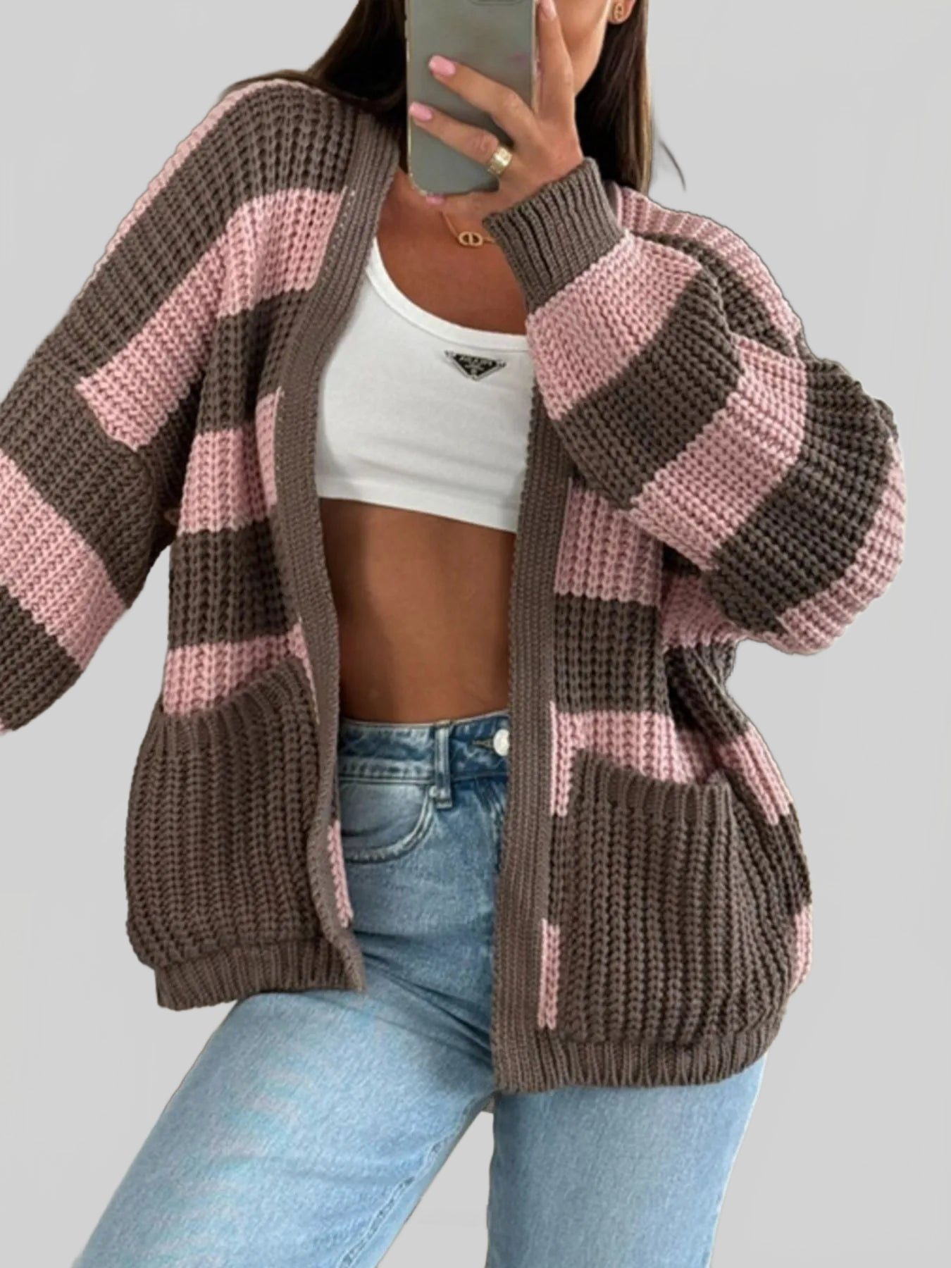 Striped Open Front Long Sleeve Cardigan nicholesgifts