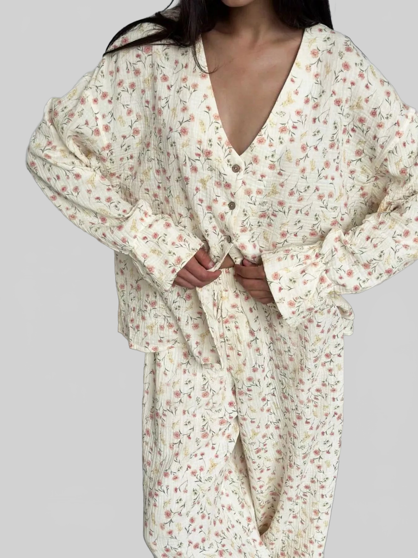 Floral Print Button-Down Top and Pants Lounge Set nicholesgifts