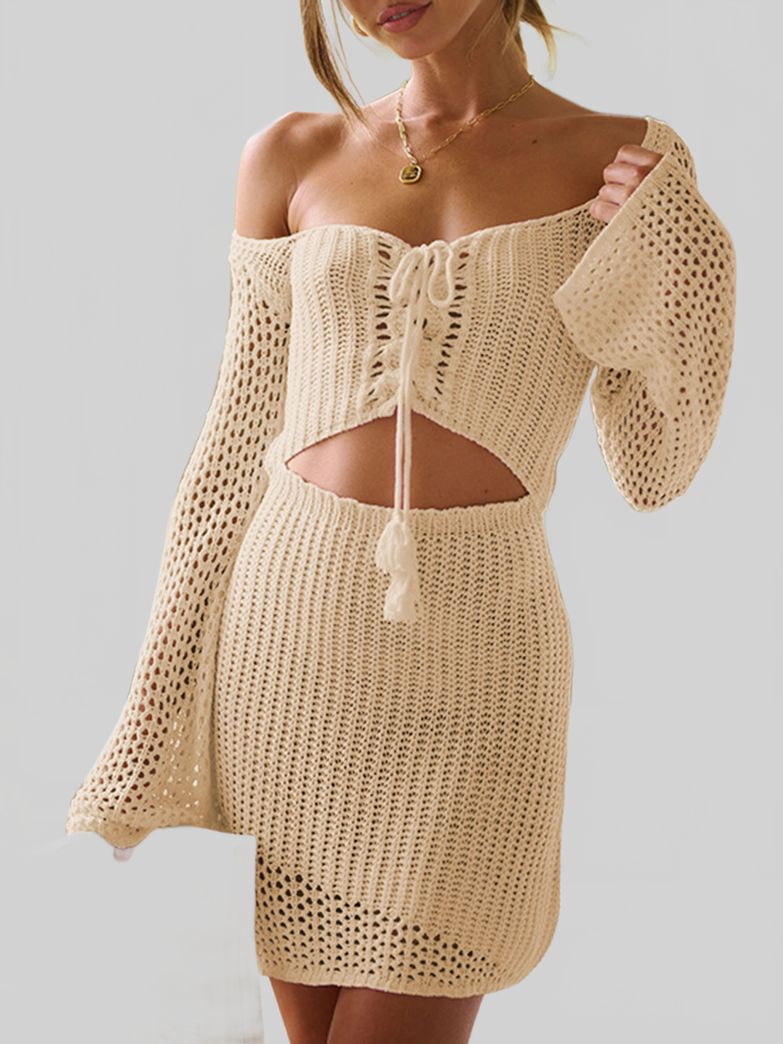 Women Cutout Lace-Up Long Sleeve Cover Up nicholesgifts