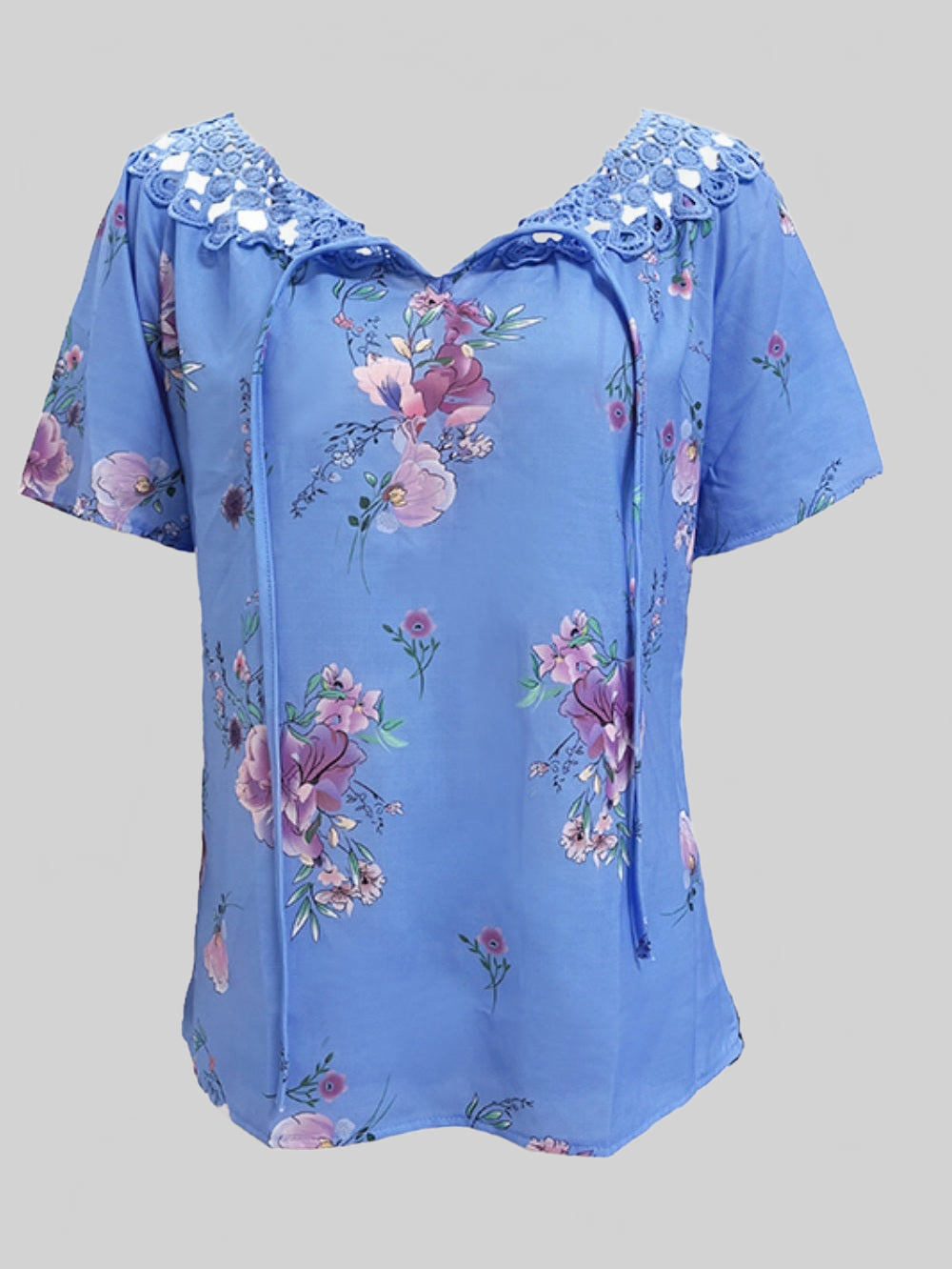 Women Full Size Printed Tie Neck Short Sleeve Blouse nicholesgifts