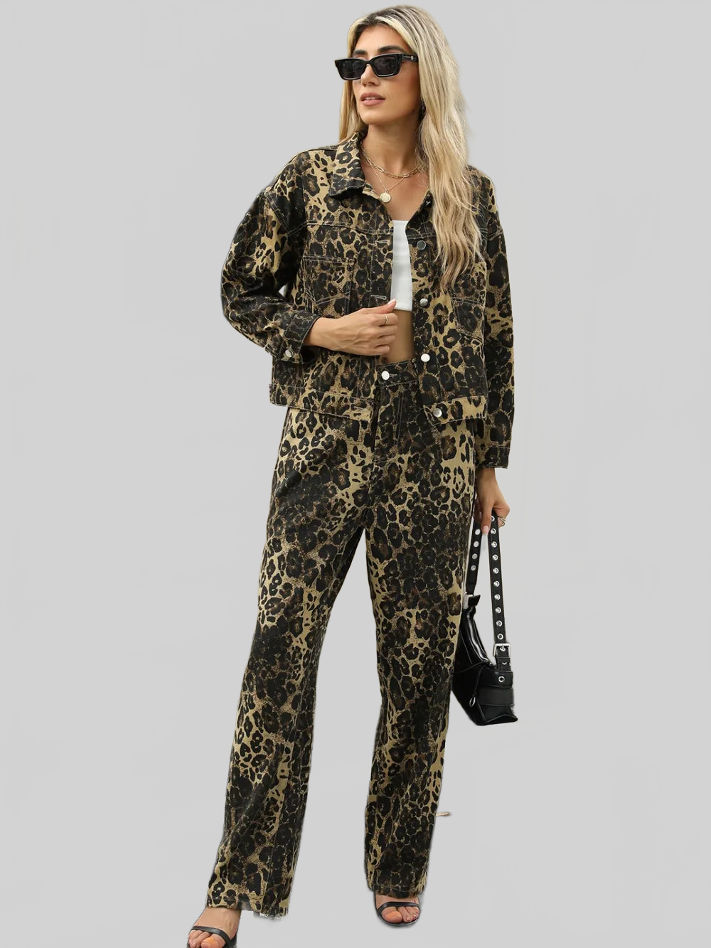 Pocketed Leopard Long Sleeve Denim Jacket nicholesgifts