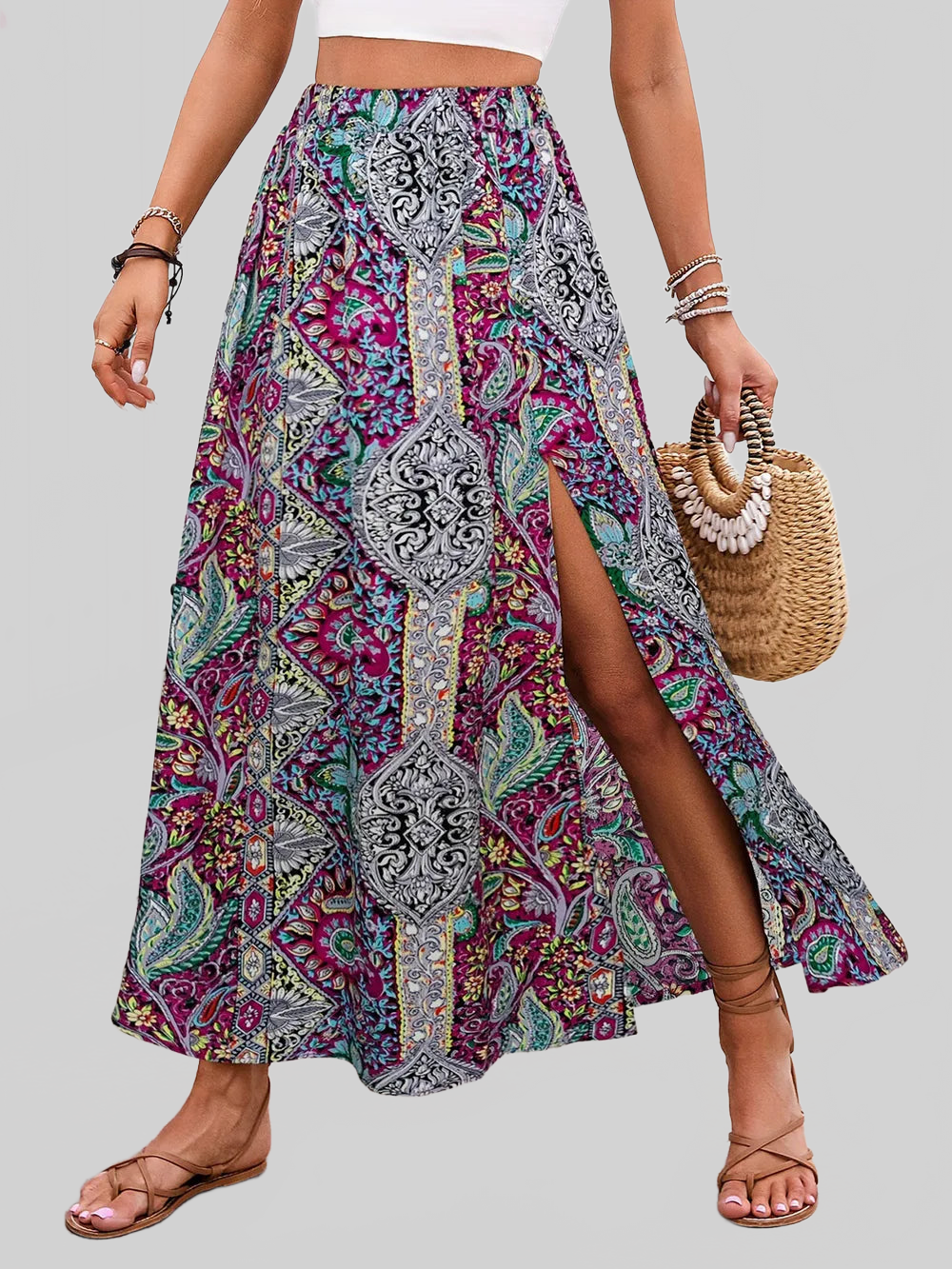 Slit Printed Elastic Waist Skirt nicholesgifts