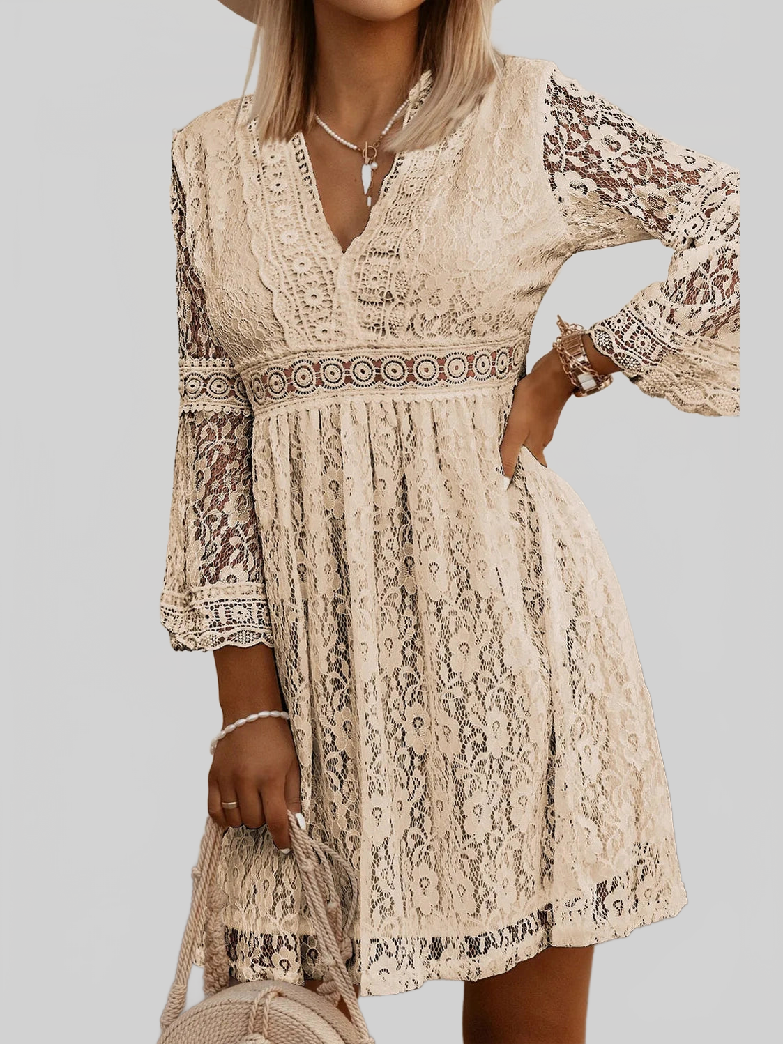 Lace V-Neck Three-Quarter Sleeve Dress nicholesgifts