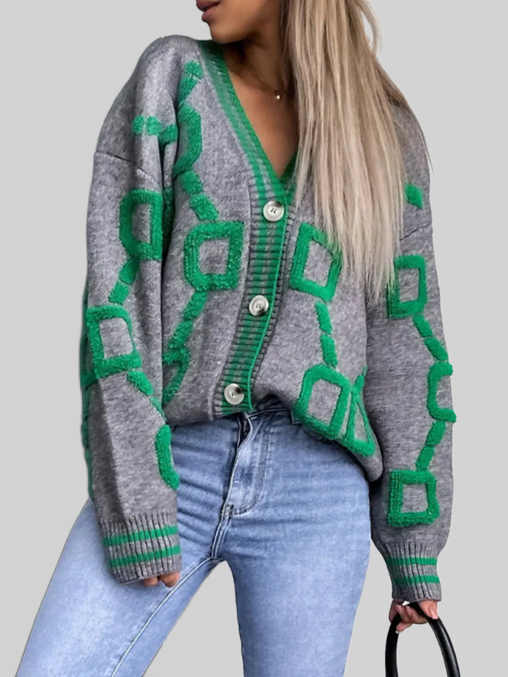 Women Geometric Dropped Shoulder Button Down Cardigan nicholesgifts