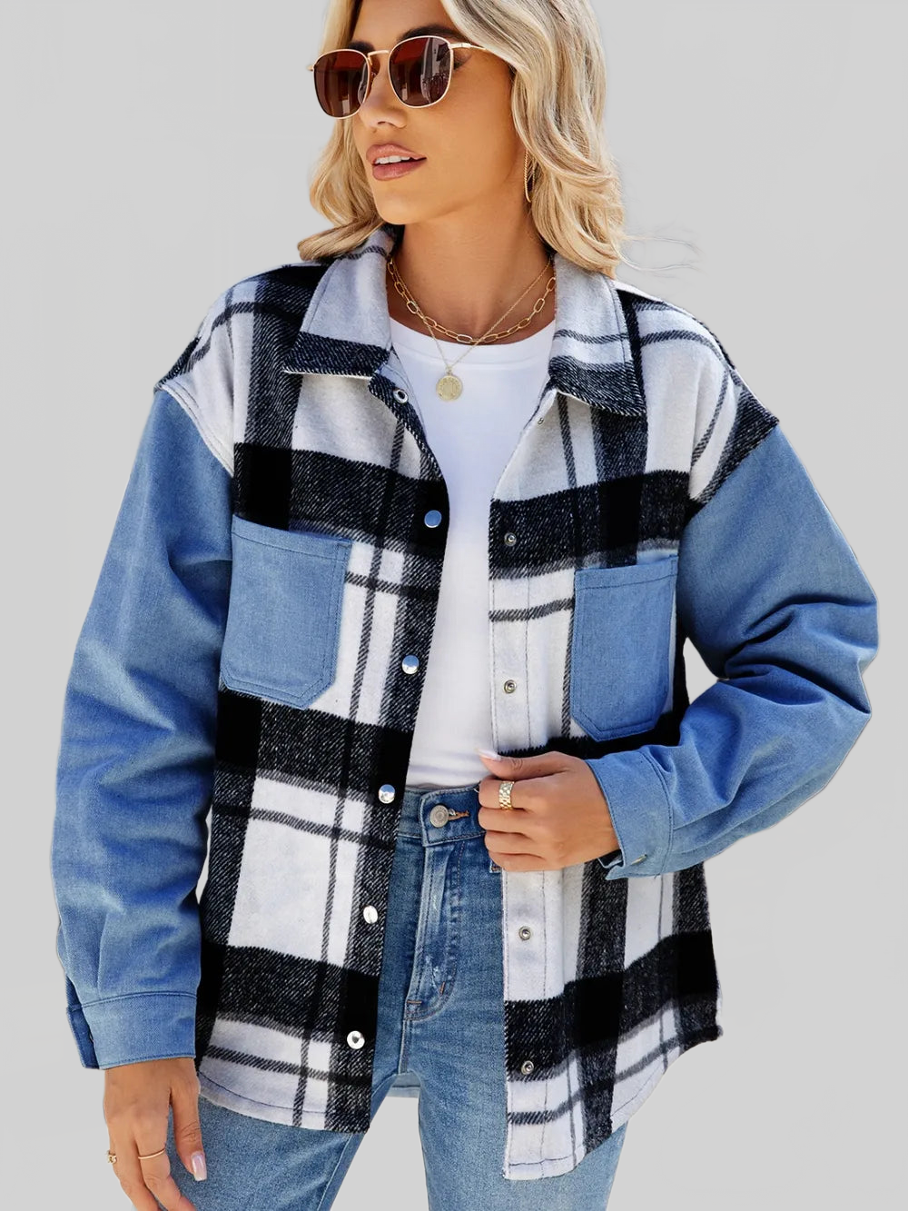 Pocketed Plaid Snap Down Denim Jacket NicholesGifts