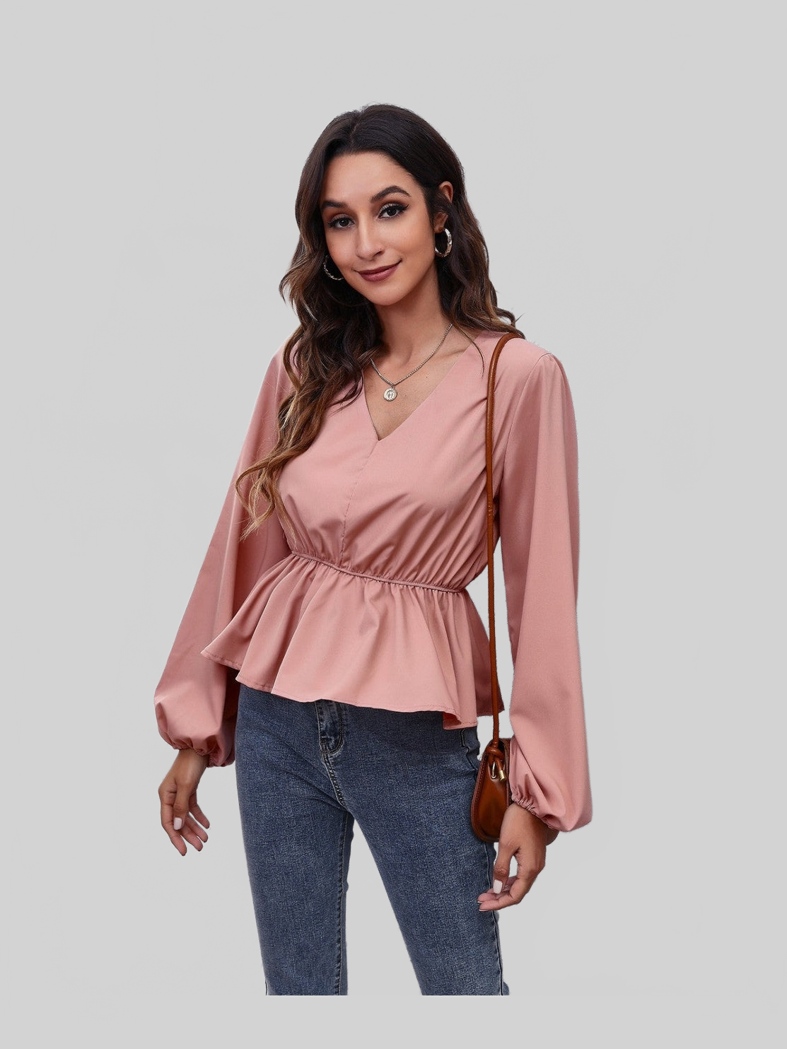 Women V-Neck Balloon Sleeve Peplum Blouse NicholesGifts