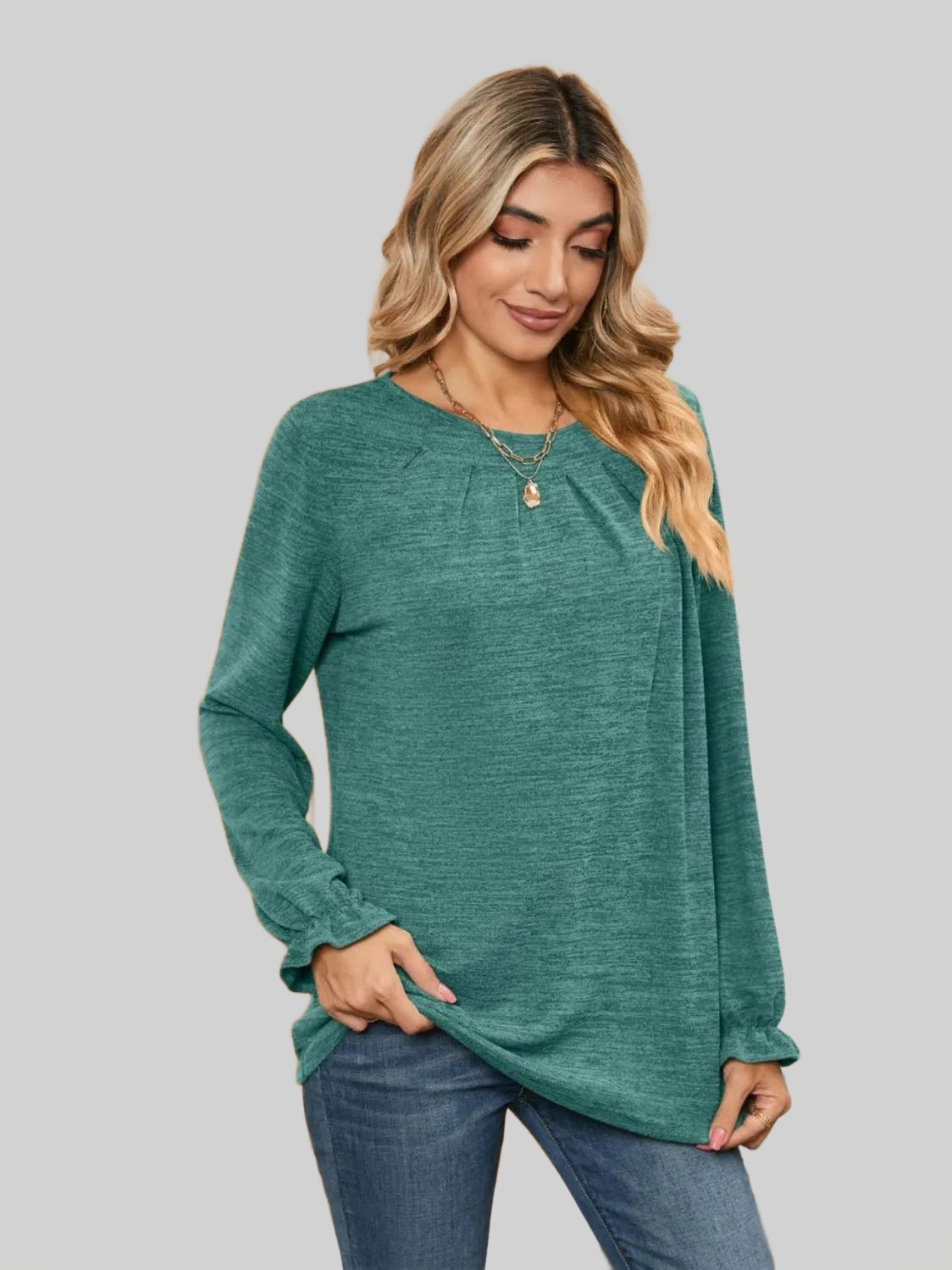 Ruched Round Neck Flounce Sleeve T-Shirt NicholesGifts