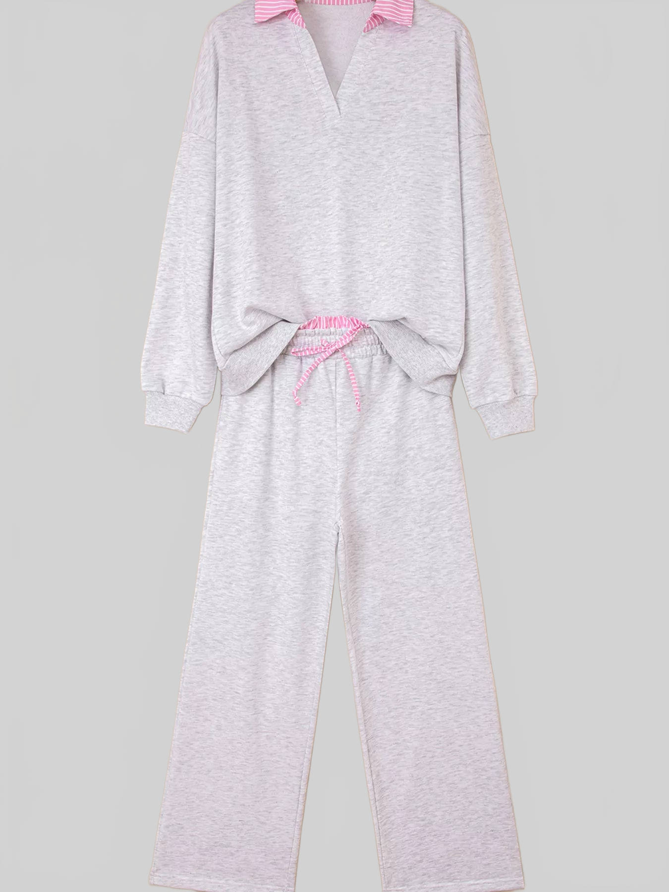 Contrasted Trim Frilled Collar Drop Shoulder Top and Drawstring Pant Set nicholesgifts