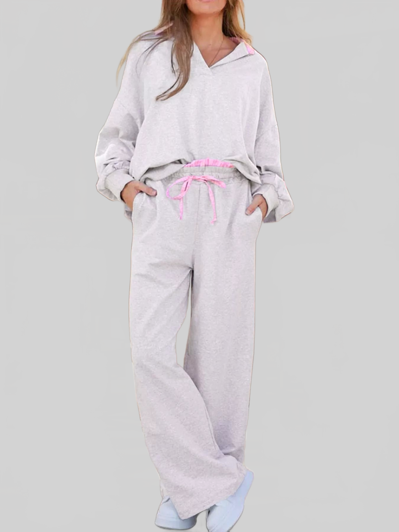Contrasted Trim Frilled Collar Drop Shoulder Top and Drawstring Pant Set nicholesgifts