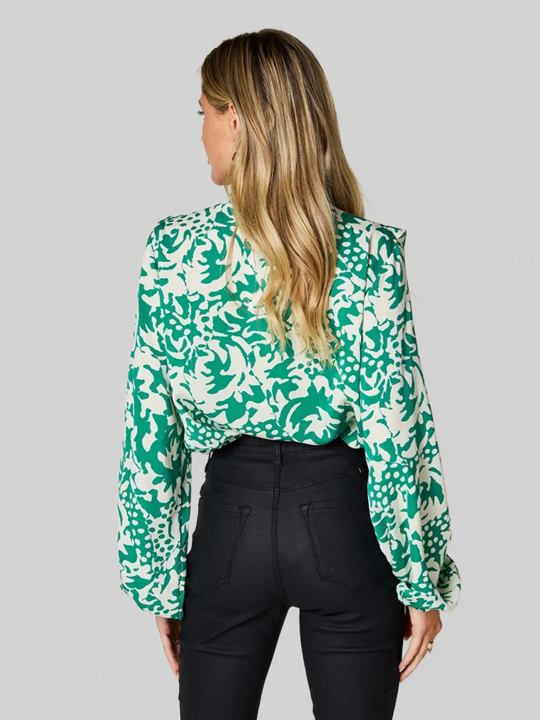 Women Double Take Full Size Printed Ruffle Trim Balloon Sleeve Shirt NicholesGifts