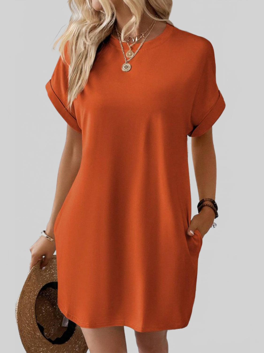 Women Pocketed Round Neck Short Sleeve Dress NicholesGifts