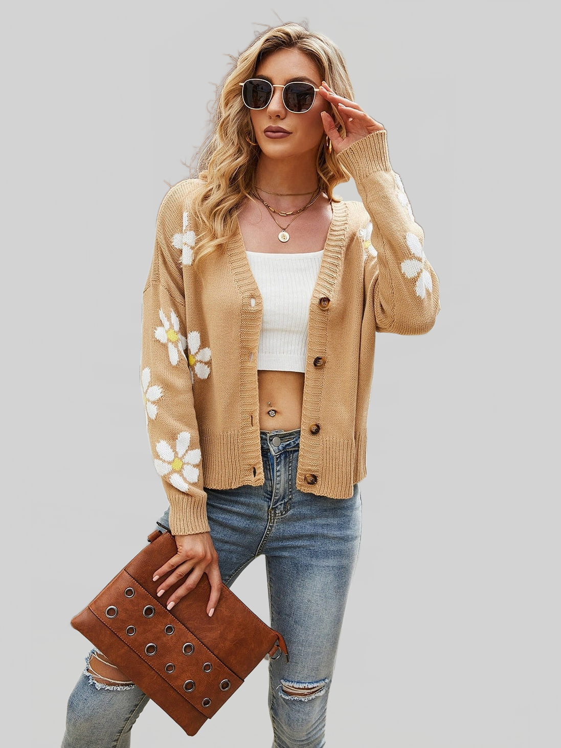 Women Flower Pattern Button Front Cardigan Sweater NicholesGifts