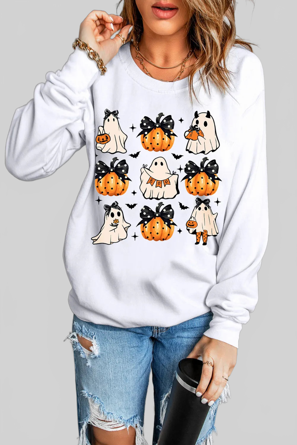 Pumpkin & Ghost Round Neck Long Sleeve Sweatshirt nicholesgifts