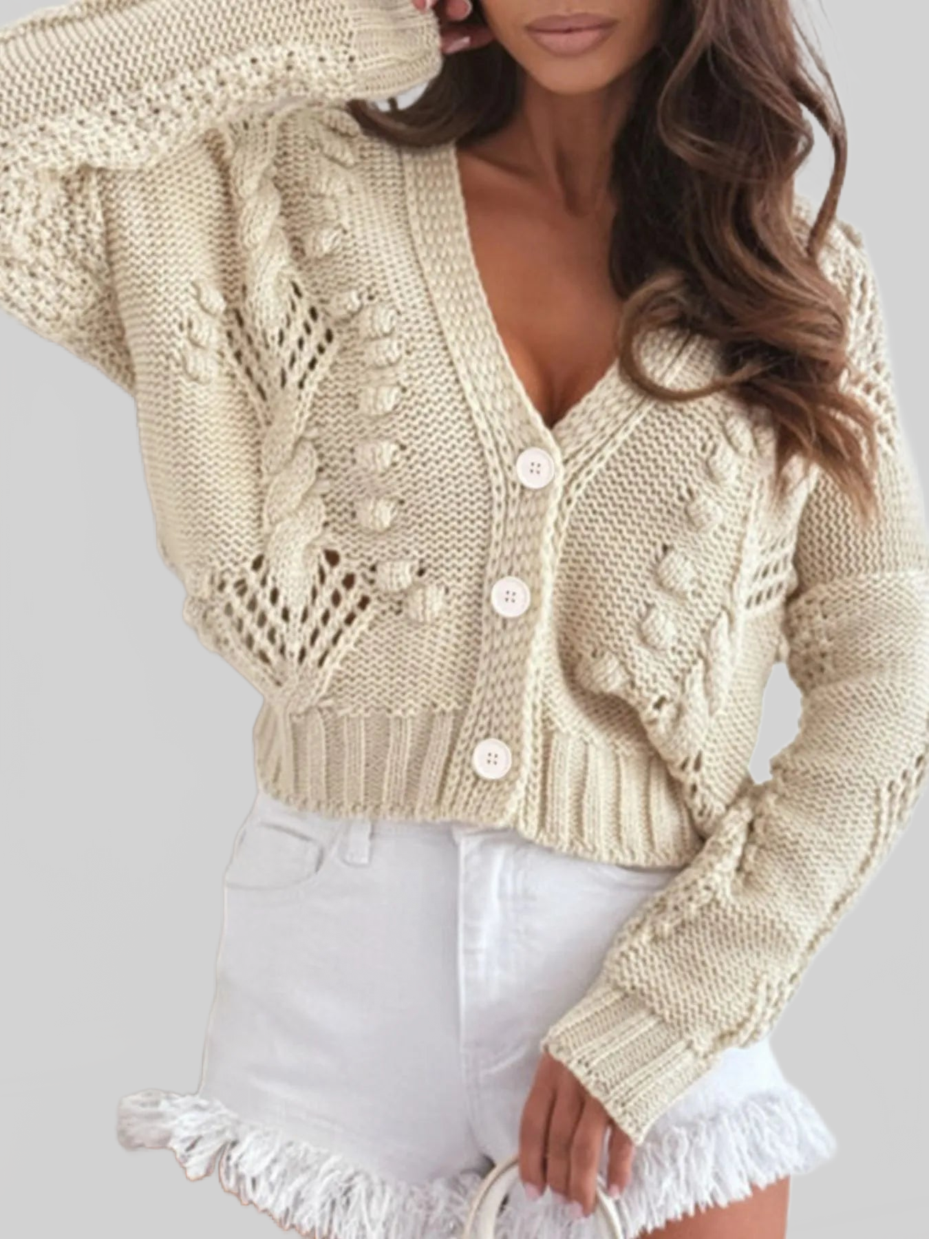 Chunky Cropped Button-Up Sweater Cardigan nicholesgifts