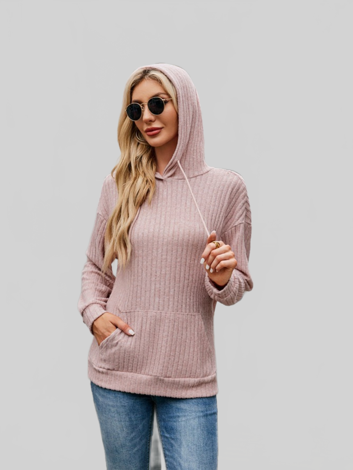 NicholesGifts Women Ribbed Drawstring Long Sleeve Hoodie nicholesgifts