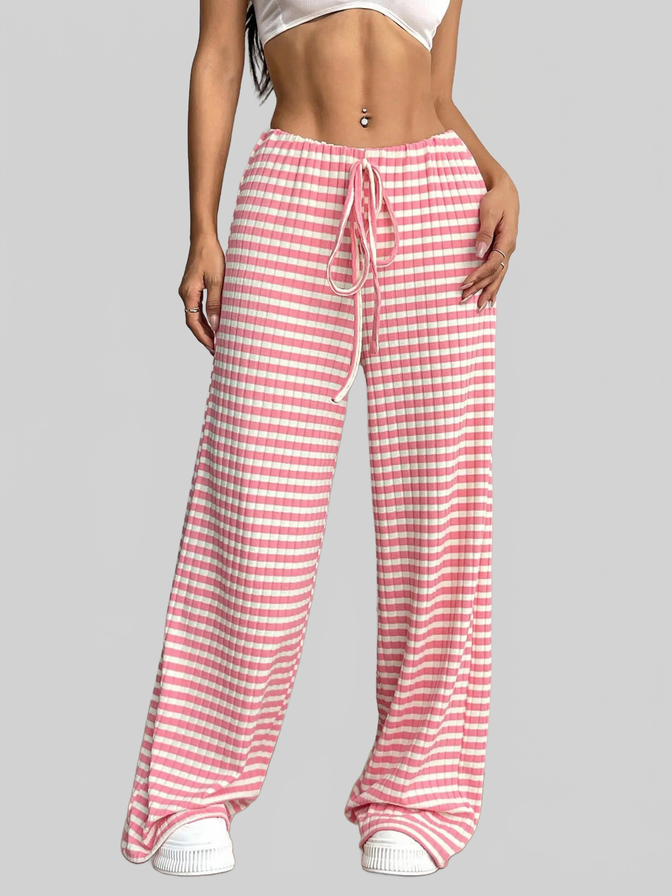 Women Striped Wide Leg Drawstring Pants nicholesgifts