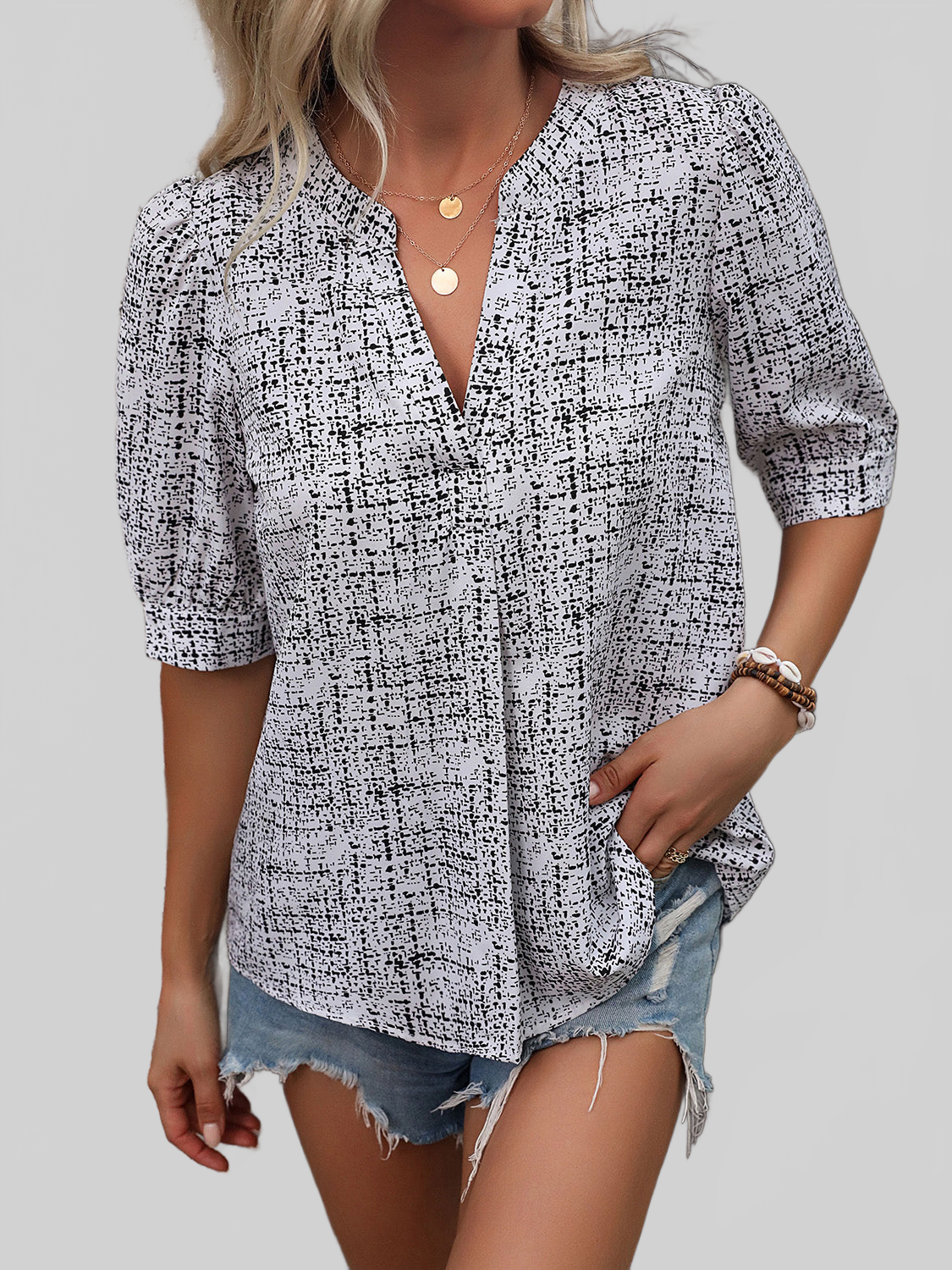 Printed Notched Half Sleeve Blouse nicholesgifts
