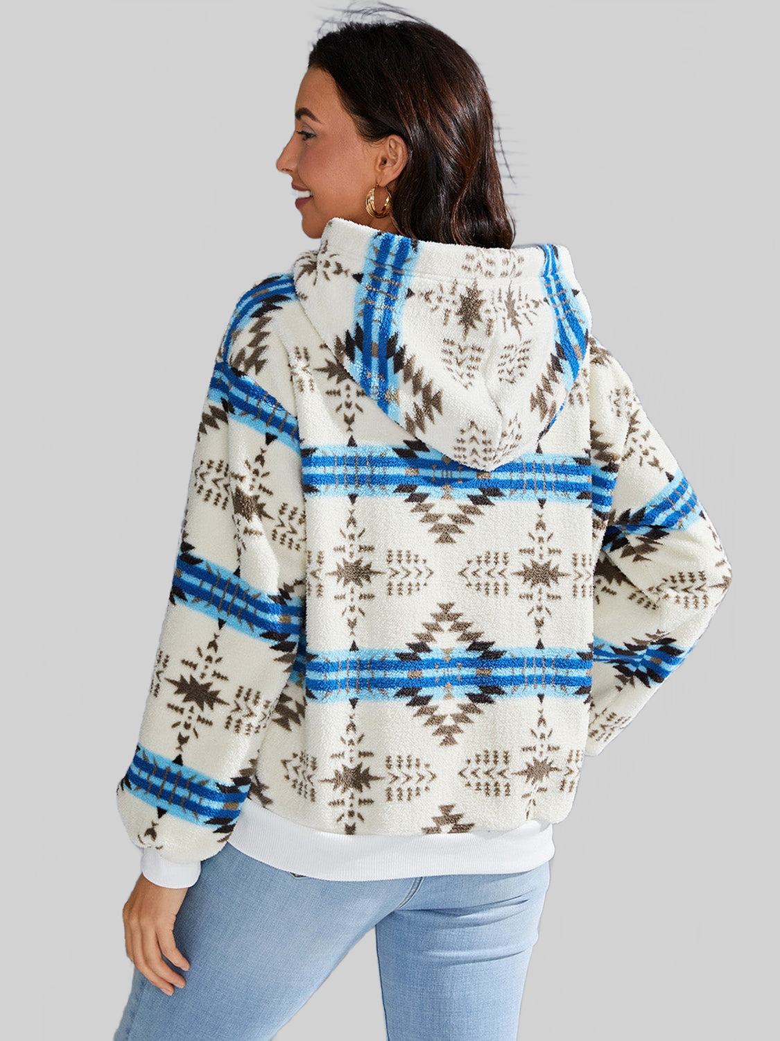 NicholesGifts Women Shiny Geometric Half Zip Drawstring Long Sleeve Hoodie NicholesGifts