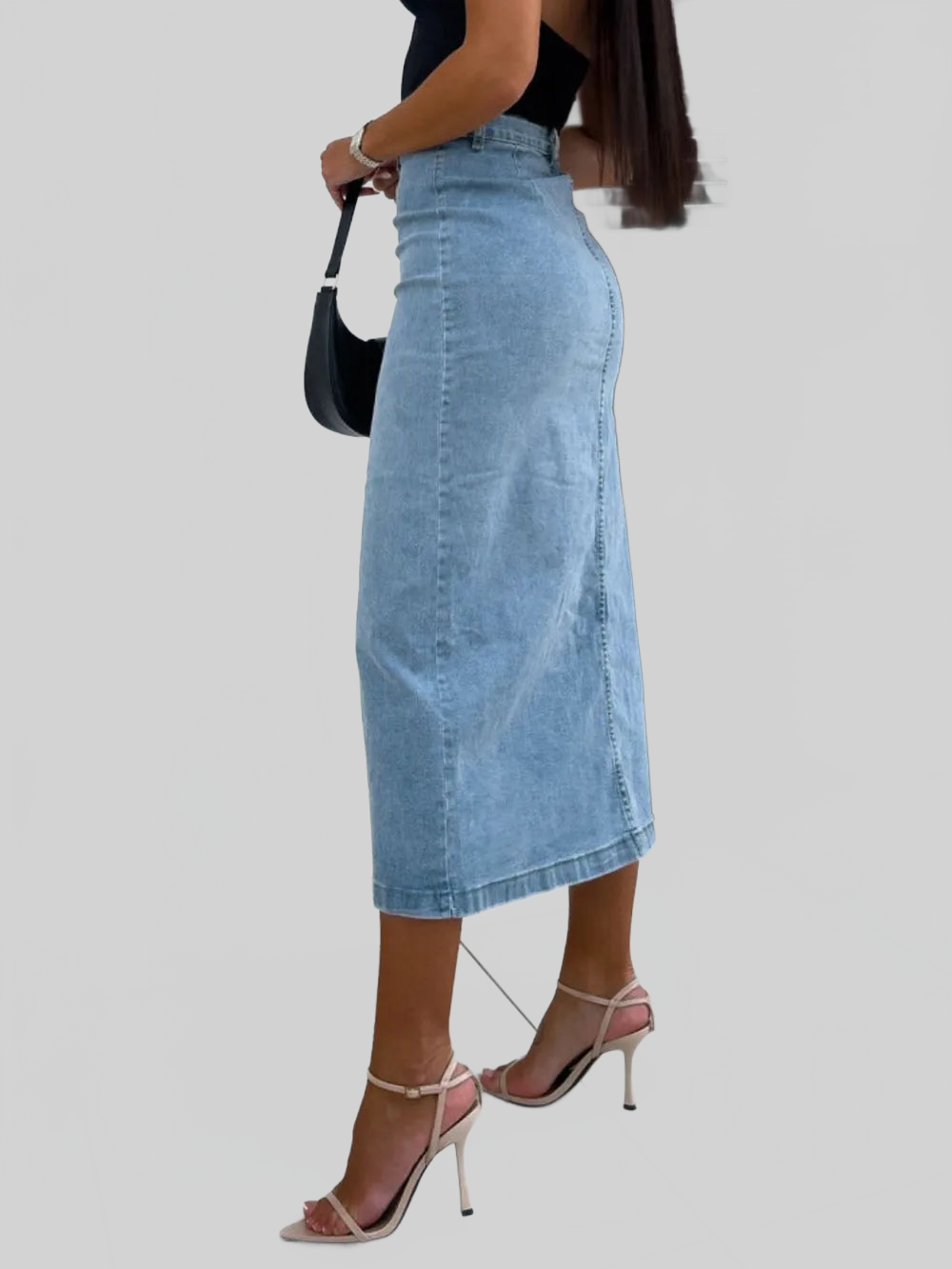 Front Button Slit Midi Denim Skirt nicholesgifts