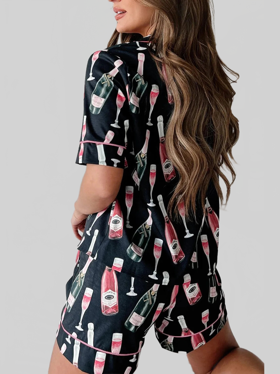 Champagne Print Short Sleeve Top and Shorts Set nicholesgifts