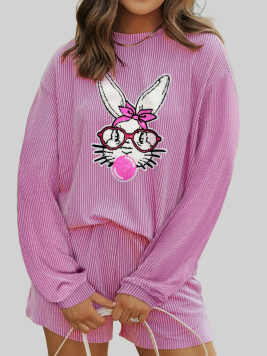Bubble Gum Rabbit Sequin Corded Rib Top and Shorts Set Trendsi