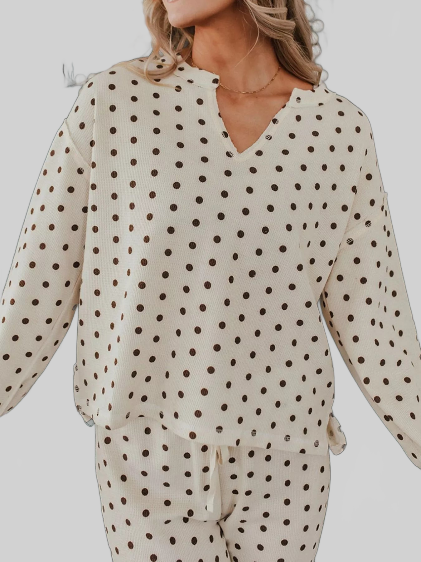 Polka Dot Notched Long Sleeve Top and Drawstring Joggers Lounge Set nicholesgifts