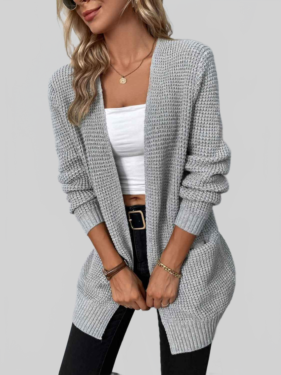 Rib-Knit Open Front Pocketed Cardigan nicholesgifts